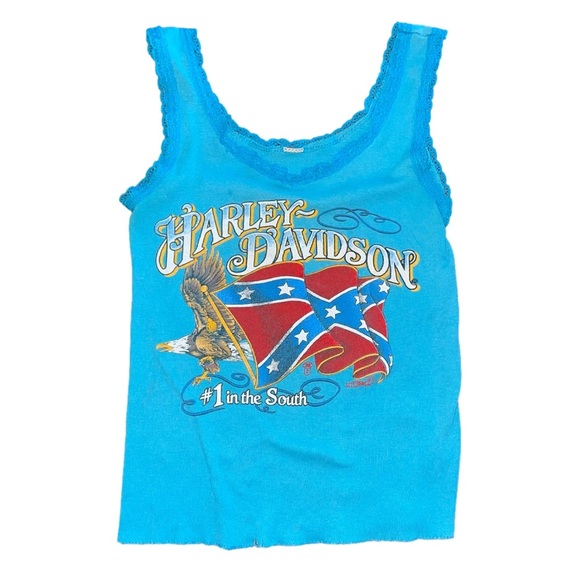 Harley-Davidson Tops - Vintage Harley Davidson 3D Emblem Turquoise Blue Lace Tank Top Texas Flag Small